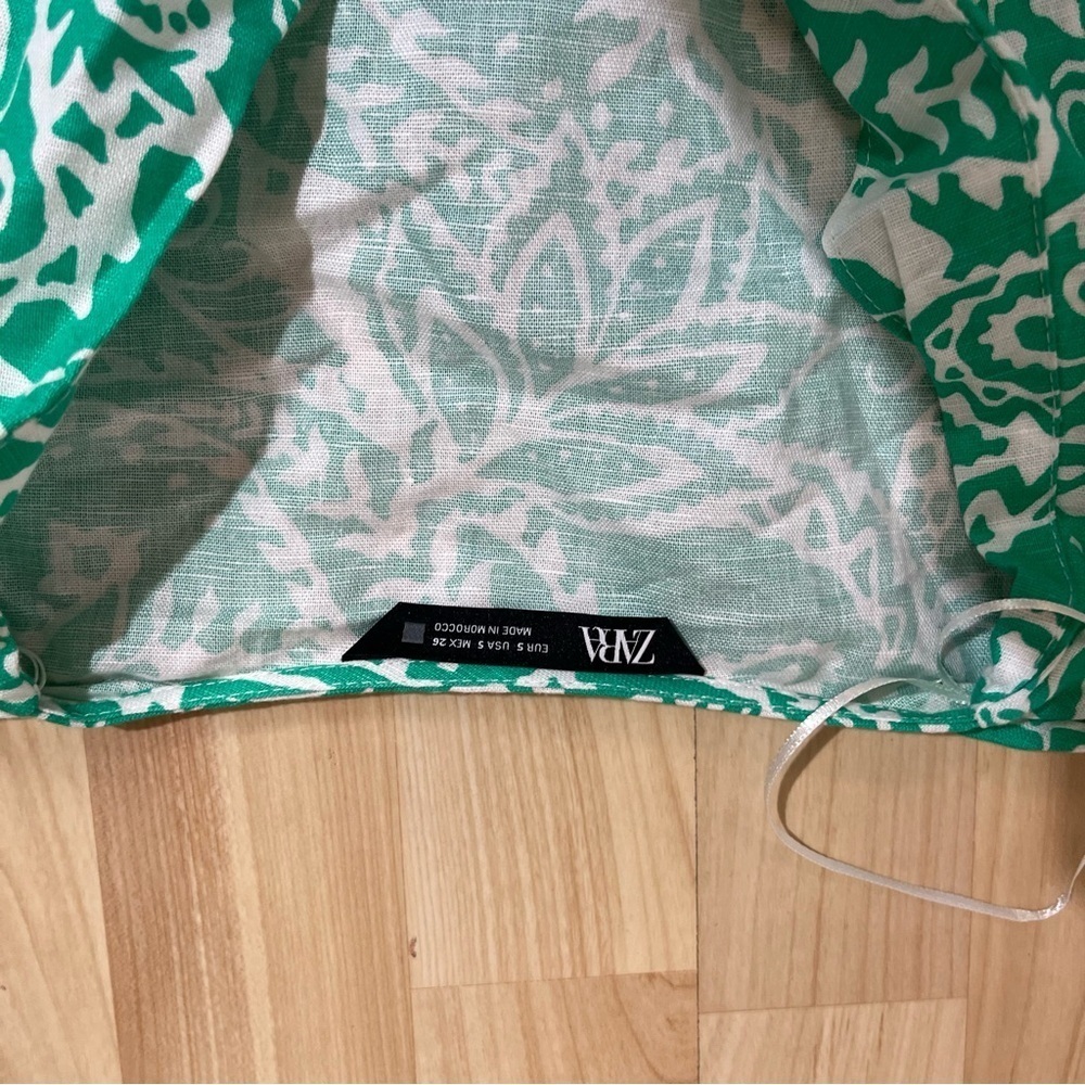 Zara Green & White PRINTED LINEN BLEND MINI Long Sleeve DRESS Size Small - Picture 6 of 8